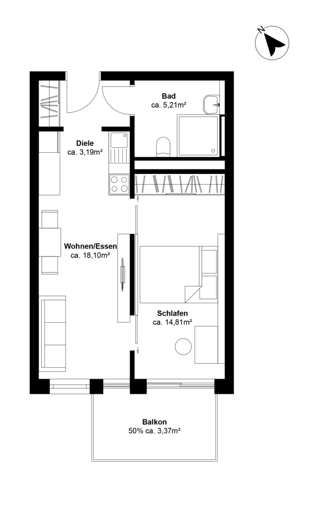 Grundriss einer 47 qm großen Wohnung