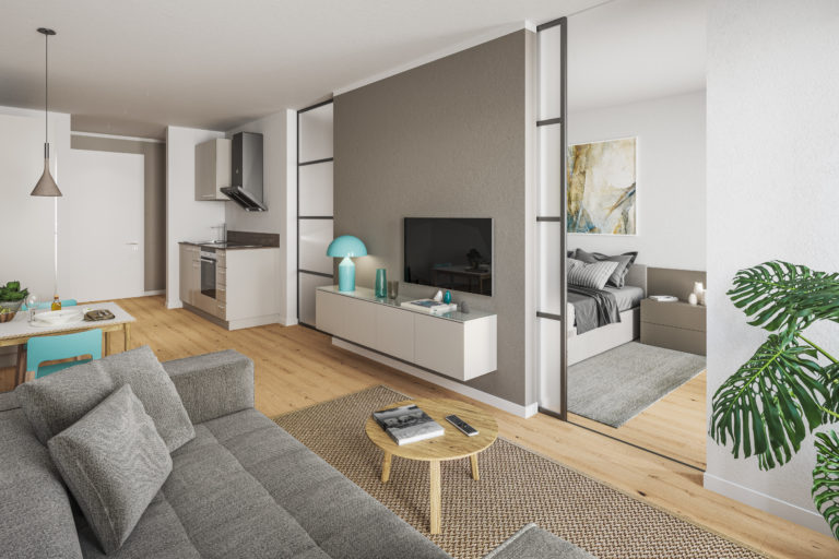 moderne Wohnung auf 50 qm, mit Küche, Wohnzimmer und Schlafzimmer